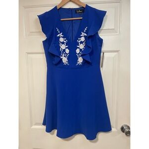 NEW Lulus Adventure Royal Blue Floral Embroidered Skater Dress Ruffle V Neck‎ M